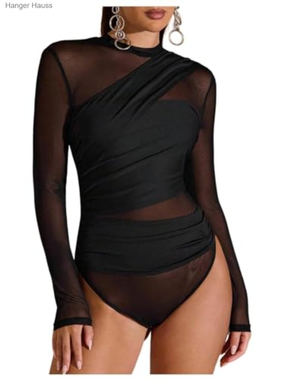 Sheer Mesh Ruched Long Sleeve Fitted Bodysuit Leotard
